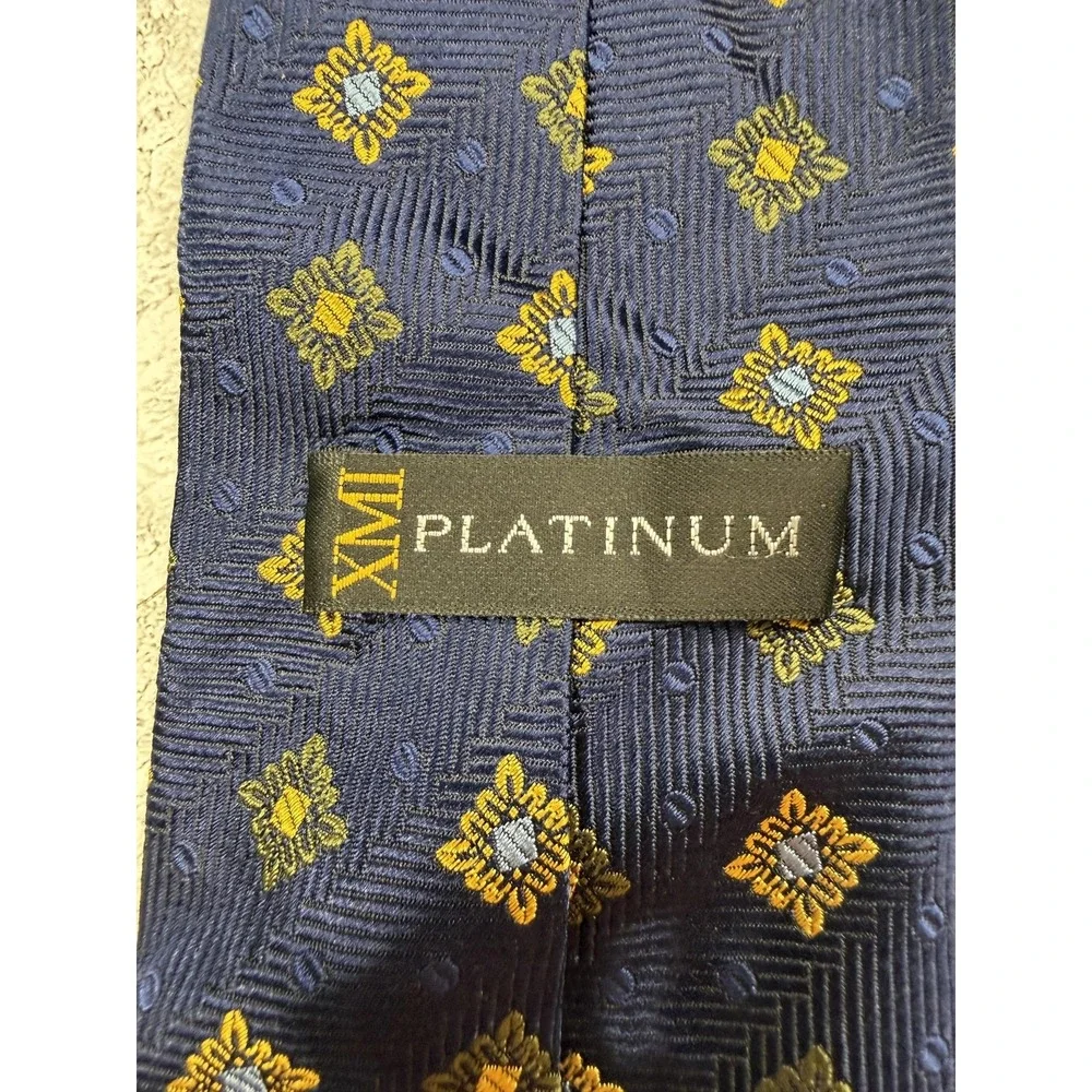 XM PLATINUM Tie Mens One Size Blue Gold 100% Silk Floral Jacquard Medallion